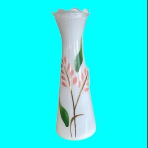Vintage Bartlett Collins Bud Vase Hand Painted White Blown Glass Floral 9”